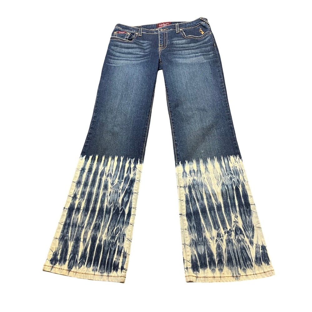 Vintage Y2K Women's Baby Phat Acid Wash Bleach Bottom Cuff Jeans Wide Leg 13‎
